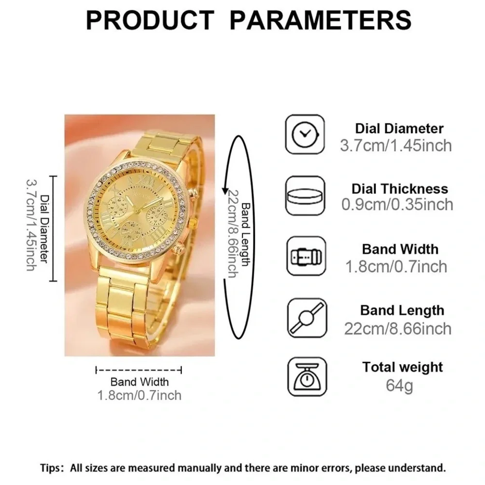 6 Piece Set Women Fashion Roman Dial‎ Stainless Steel Strap Quartz Wrist Watch